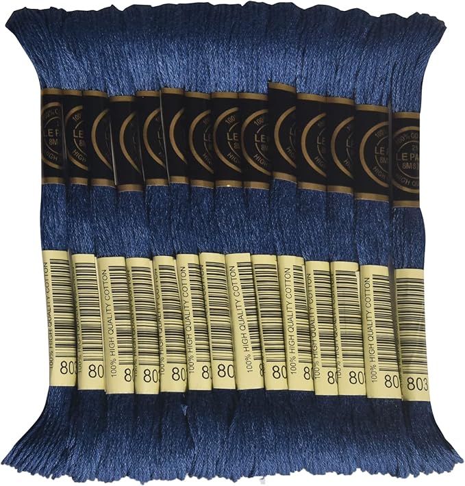 LE PAON Embroidery Floss, 14-Pack Six Strands 100% Long Staple Cotton Embroidery Thread, 8.7-Yard，Color Number：803, Ultra Dark Baby Blue