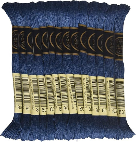 LE PAON Embroidery Floss, 14-Pack Six Strands 100% Long Staple Cotton Embroidery Thread, 8.7-Yard，Color Number：803, Ultra Dark Baby Blue