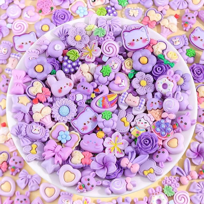 100PCS Purple Slime Charms Cute Flatback Resin Charms for Slime, Random Kawaii Decoden Charm for Embellishments Phone Junk Case Charms Bulk, Hairpins Scrapbooking Crafting & DIY Decoration