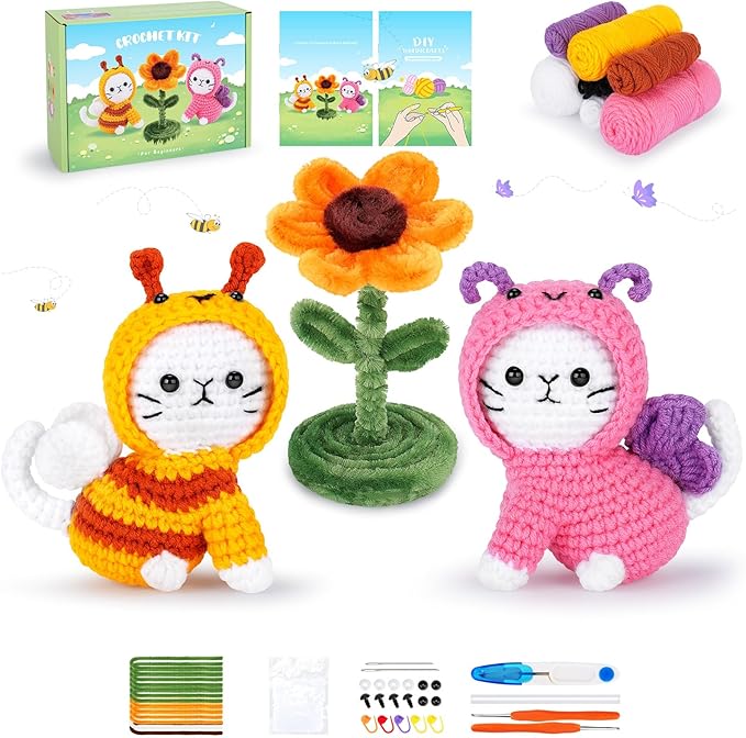 Cats Crochet Kit for Beginners, 2PCS Cats Dressed as Bee and Butterfly Crochet Kits with Step-by-Step Video Tutorials, Beginner Crochet Kits for Adults, Cat Crocheting Kit Gifts for Birthday