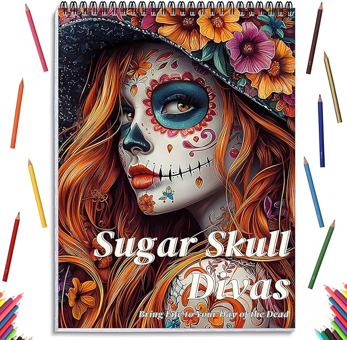 Sugar Skull Women Coloring Book for Adult Women Relaxation, Spiral Bound Printed On One Side, Adult Crafts, Relaxation Gifts, Thick Paper Non-Bleed