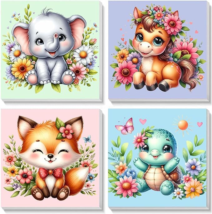 4 Pack Animal Paint by Number for Kids with Wooden Frame, Paint by Numbers for Kids Animals Ages 4-8-12, Easy Elephant Fox Sea Turtle Horse DIY Acrylic Oil Painting Kits for Home Wall Decor (8X8 inch)
