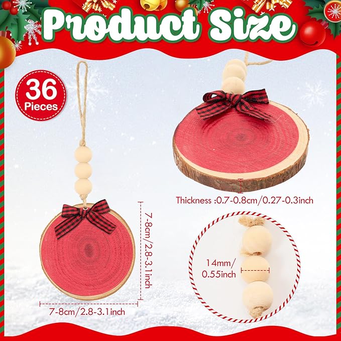 Sawysine 36 Pcs Wooden Christmas Ornament 2.8 to 3.2 Inch Craft Wooden Kit Natural Wood Slices with Round Natural Wood Beads and Buffalo Plaid Bow for Arts and Crafts Christmas Ornaments (Red)