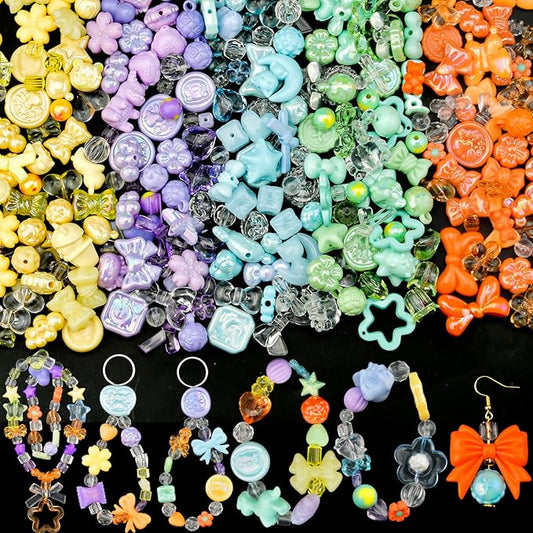 ABONDEVER 245-300Pcs Assorted Acrylic Beads for Bracelets Making kawaii Star Bow Flower Candy Heart Gummy Bear Butterfly Aesthetic Beads for DIY Jewelry Crafts Keychain Necklace Phone Charms(5 Colors)