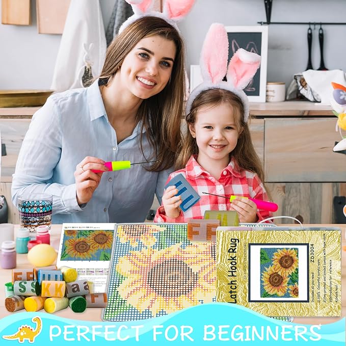 ZFFLYH Latch Hook Rug Kits DIY Needlework Unfinished Crocheting Rug Yarn Cushion Mat for Kids/Adults with Printed Canvas Pattern, 52X38cm Sunflower