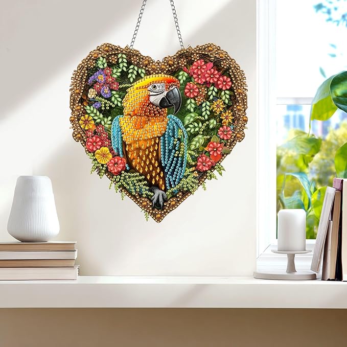 Wergund 5D DIY Parrot Diamond Art Hanging Kits, Hanging Diamond Art Animal, Acrylic Special Shaped Rhinestone, Window Hanging Pendants for Home Wall Garden Front Door Outdoor Decor Gift(Parrot)