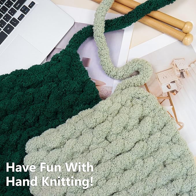 Chunky Yarn for Hand Knitting - #10 Chunky Chenille Yarn, Jumbo Big Thick Chunky Yarns for Crocheting, Super Bulky Chunky Knit Blanket Yarns, 8 Skein (25yd, 8oz/Skein), Sage & Forest