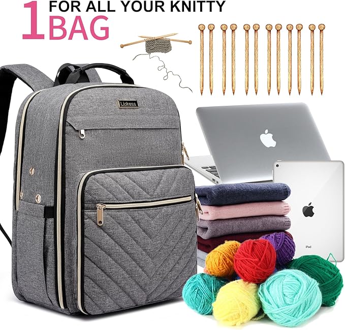 Liokesa Knitting Bag Backpack, Crochet Bag Tote, Large Yarn Storage Tote Bag with USB Charging Port, Yarn Holder Case for Carrying Projects, Knitting Needles, Yarn Supplies, Grey