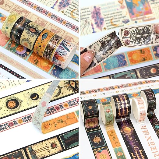 Gold Foil Washi Tape Set – 23 Rolls Tarot Washi Stickers Vintage Decorative Tapes for Journaling Supplies, Scrapbooking, DIY Crafts, Junk Journal, Craft Supplies(Celestial Symbols/ Starry/ Magic)