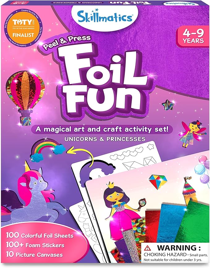 skillmatics foil fun - unicorns & princesses, no mess art for kids, craft kits & supplies, diy creative activity, travel toys, valentine’s day gifts for ages 4, 5, 6, 7, 8, 9
