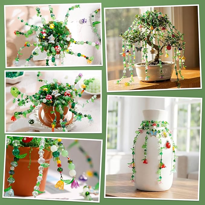 4020pcs Green Glass Beads Kit, Plant Beaded Crystal Glass Leaf Bead for Succulent Plant Making and DIY Crafts