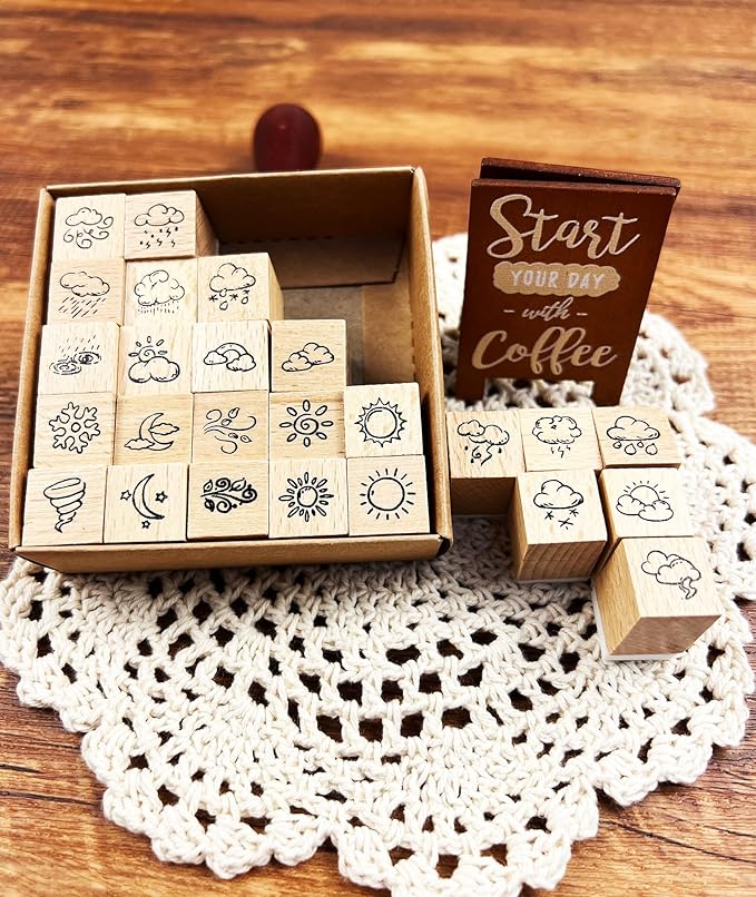 25pcs Weather Wooden Rubber Stamps Kit, Cute Small Weather Theme Stamps for Decorative Diary Planner DIY Craft Scrapbook Card Making Letters Journal