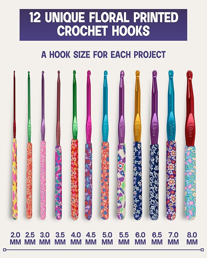 The Quilted Bear Floral Crochet Hook Set - 12 Ergonomic Soft Grip Crochet Hooks Set with Light Polymer Clay Handle for Comfortable Crocheting & Knitting (2mm-8mm)