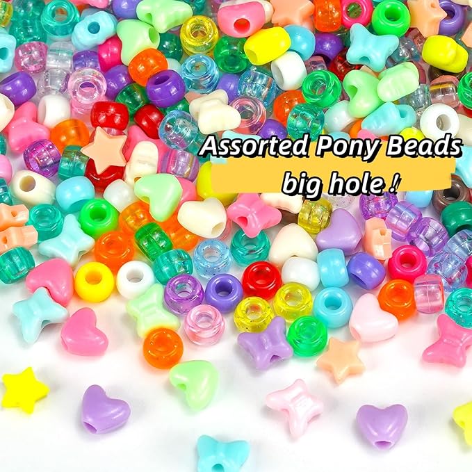 1000+PCS Assorted Pony Beads for Bracelets, 9mm Acrylic Rave Kandi Bead Bulk with Cute Heart Star Butterfly Fun Shaped Beads for Hair Braid Keychain Charms Jewelry Making DIY Crafts