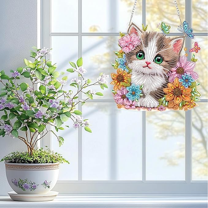 QENSPE Cute Cat Diamond Art Hanging Kits for Adults, 5D Special Shape Diamond Paingting Ornaments Kits with Chain, DIY Flowers Crystal Window Pendants for Home Garden Wall Decor Double Sided 8X8 inch