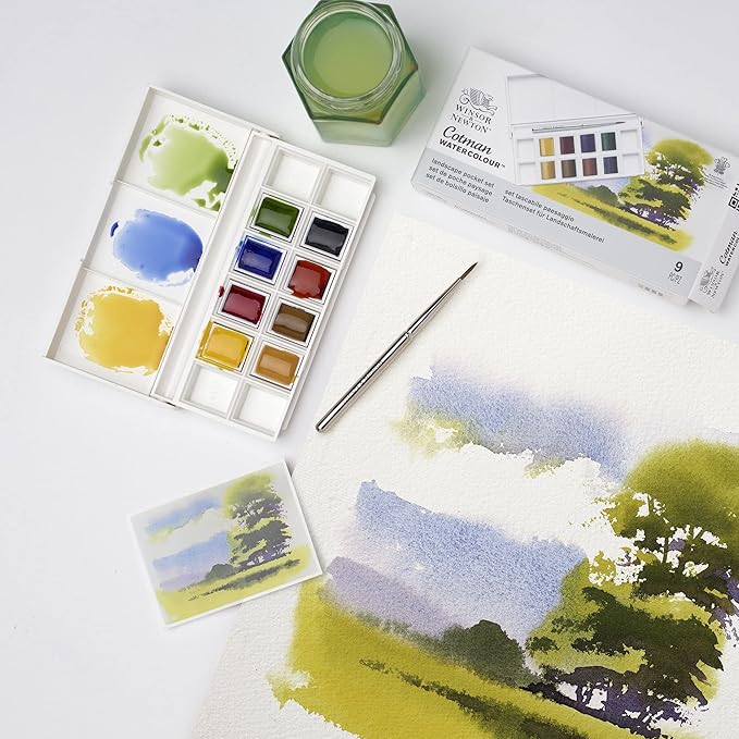 Winsor & Newton Cotman Watercolor Paint Set, 8 Half Pan, Landscape Colors w/ Brush