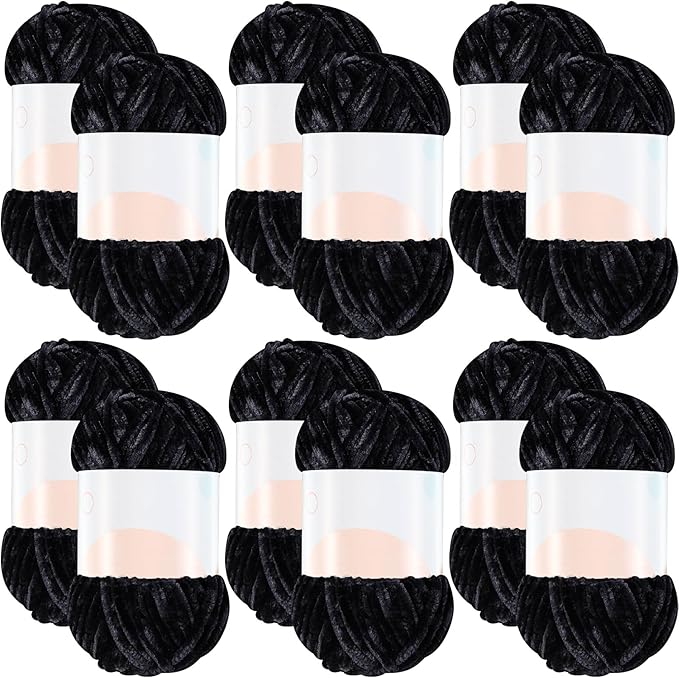 Xinnun 12 Skeins 1116 Yards Chenille Velvet Soft Thick Plush Yarn Bulk for Crocheting Knitting Blanket DIY Weaving Craft, 6mm, 3.5 Oz/Skein(Black)