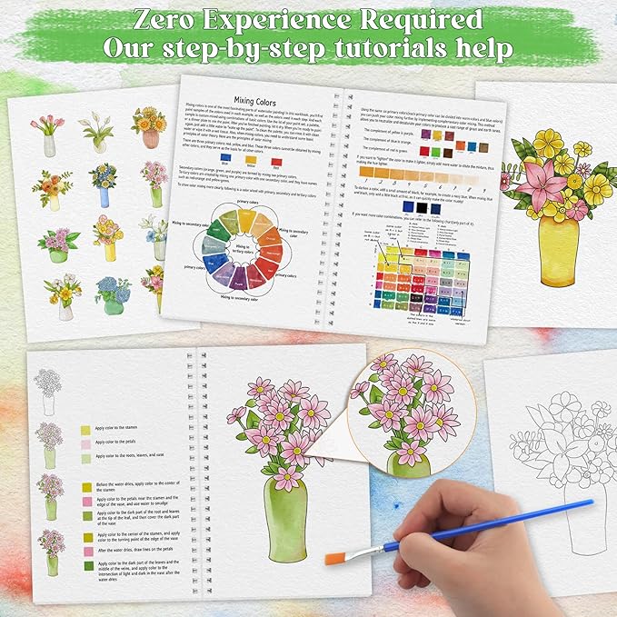 Beginners Watercolor Workbook for Adults -Step-by-Step Coloring Book Set-12 coloring book pages - Includes 16 color blocks and a brush - Professional Watercolor Paper: 300gsm/140lb (Bouquet)