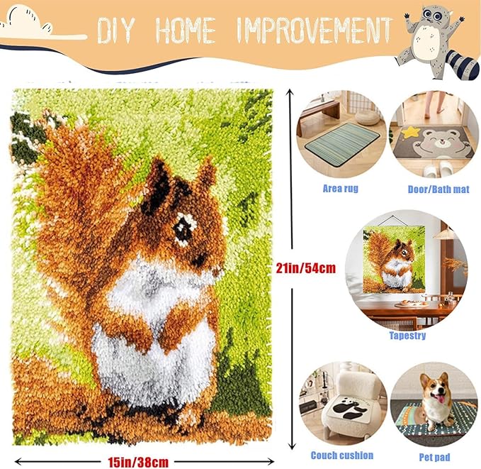 EMISTEM DIY Latch Hook Rug Kits, Gift Packaging Crochet Tapestry Yarn Kits, Pre-Printed Canvas, Needlework Unfinished Crocheting Mat Yarn Embroidery Carpet Set, (Cute Squirrel,20x15)