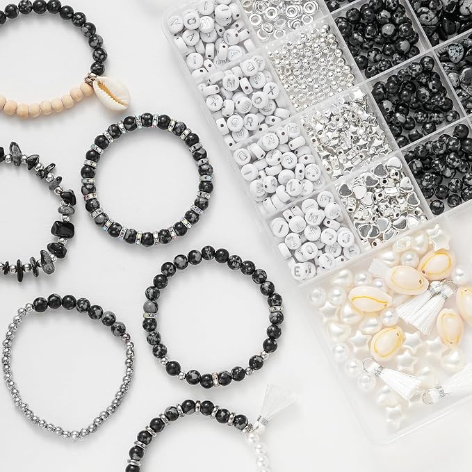 xyliise bracelet making kit natürliche perlen set for adults beads for bracelets silver jewelry making supplies diy jewelry necklace earrings (cz006-black and white)