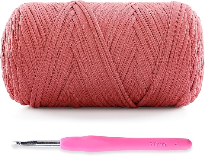 Soft T-Shirt Yarn for Crochet, T Shirt Yarns for Crocheting Crafts, Bags, Basket, Coaster, Tshirt Yarns - 400 g/130 yds with 1 Crochet Hook (1, Leather Pink)