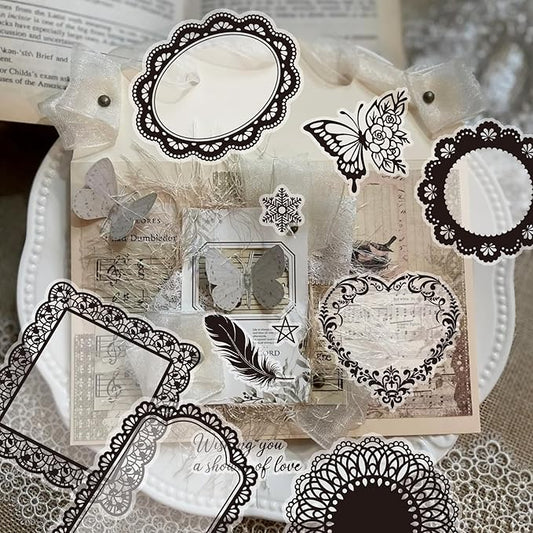 130 Pcs Vintage Black White Lace Scrapbook Stickers - Classic Butterfly Feather Heart Embellishments for DIY Journal Wedding Photo Album Craft Decor, Fade-Resistant Waterproof Reusable