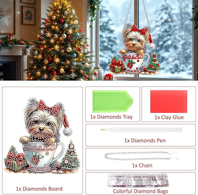 SENQAO Christmas Diamond Art Hanging Kits for Adults Kids, Golden Retriever Diamond Art Suncatchers, 5D Special Shape Diamond Painting Pendant Window Ornament Gifts for Home Door Wall Decor