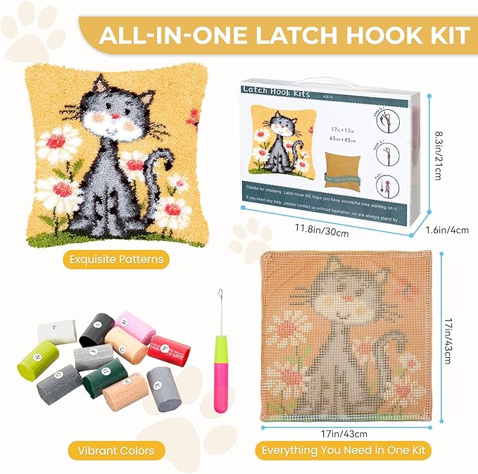 EsLuker.ly Yellow Cat Pattern Latch Hook Pillow Kits for Beginners, Animal Pre-Printed Canvas Yarn Pillow Hooking Kits, DIY Crochet Cushion Creative Craft, Ideal for Home Decor and Fun Crafting