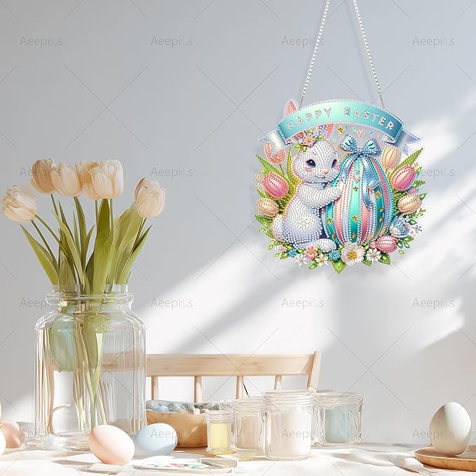 Aeepics Hanging Diamond Art Kit for Adult, DIY Diamonds Painting Pendant Ornament Kit, Acrylic Diamond Art Painting Board Kit (Easter Rabbit)