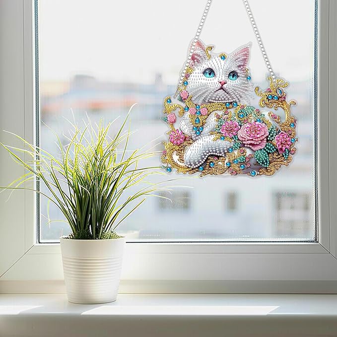 SENQAO Cat Hanging Diamond Art Painting Kits for Adults Beginners, 5D Special Shape Diamond Art Kits, Cat Flower Crystal Rhinestones Diamond Gem Art Painting for Home Garden Wall Decor