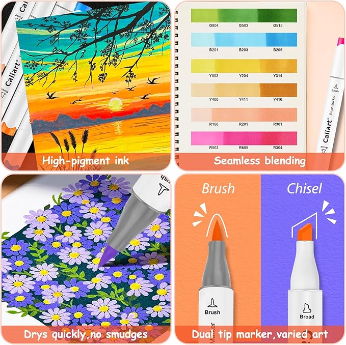 caliart alcohol brush tip markers, 101 colors adult coloring markers set dual tip chisel & brush for artists drawing illustration sketching, with case permanent colored art pens drawing supplies