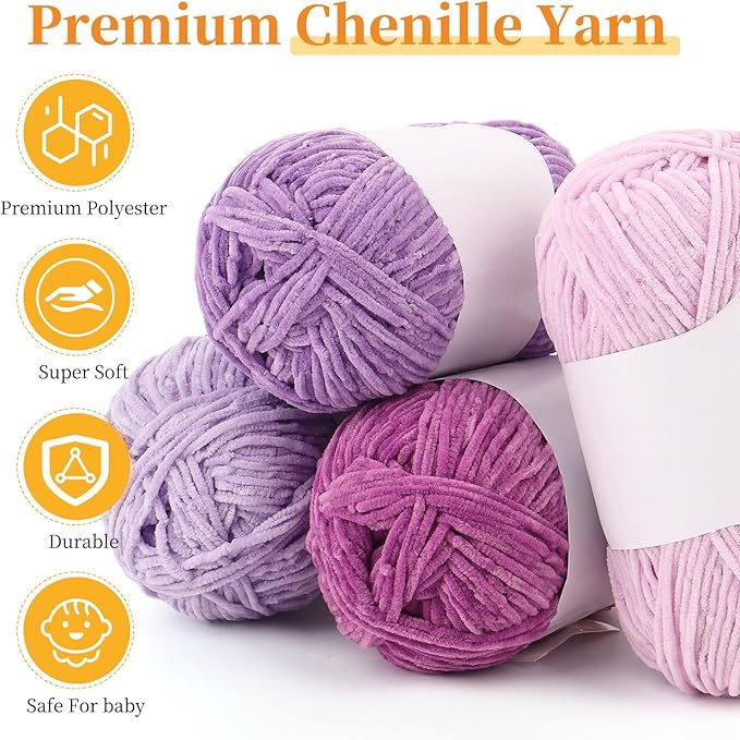 Coopay Skinny Chenille Yarn for Crocheting and Knitting, 12 Pack of 50g/1.76oz-1764yd Total, Soft Velvet Yarn of Baby Weights - Suitable for Baby Blankets, Plush Toys - Super Soft (Purple Gradient)