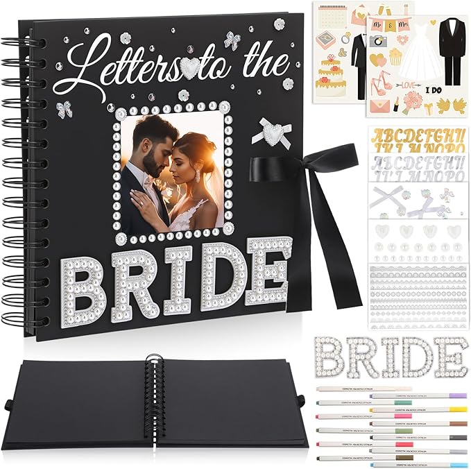 Letters To The Bride Scrapbook 8x8 Inch Bride Memory Book DIY Wedding Photo Album with Stickers and Markers for Wedding Engagement Bridal Shower Gifts Party Supplies, 40 Sheets (Bridal,Black)