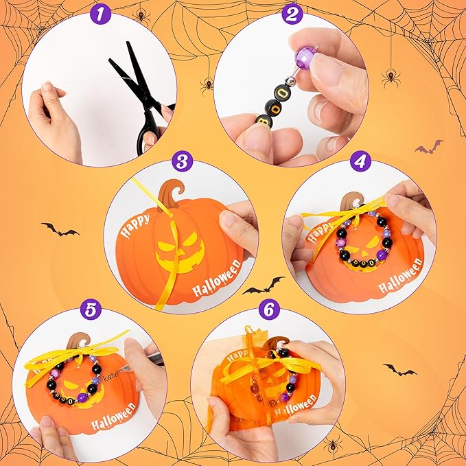 BeYumi Halloween Bracelet Craft Kit - 24 Pack Halloween Boo Letter Beads Friendship Bracelets with Pumpkin Gift Cards DIY Thankful Craft Kit Party School Classroom Party Fun Activities