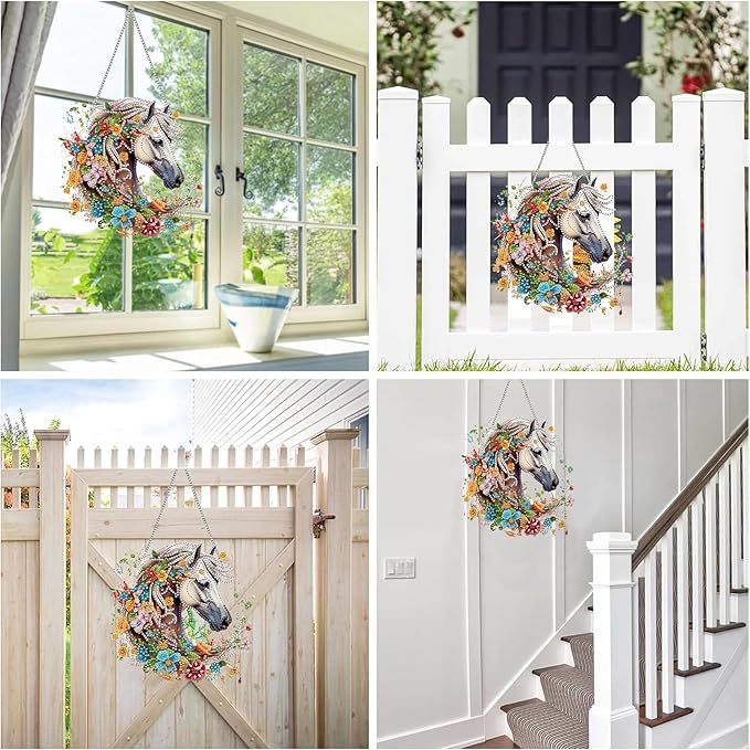 Reofrey Hanging Diamond Art Kits for Adults– 8x8Inch Horses Hanging Ornament Acrylic Board Double Sided Pattern Crystal Diamond Art Suncatcher Pendant, for Home Wall Window Decoration Handmade Gift
