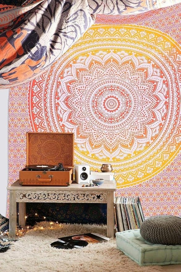 popular handicrafts tapestry wall hanging hippie ombre mandala bohemian hippy psychedelic design indian tapestries bedspread 30 x 40 inches (76 x 101 cms), fire