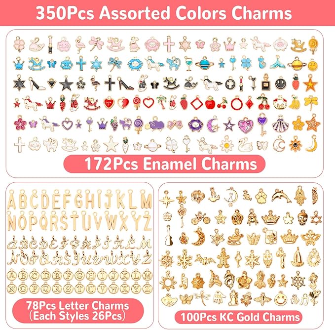 SANNIX 350Pcs Charms for Jewelry Making, Assorted Enamel KC Gold Mixed Alphabet Letters Charms Bulk for Bracelet Necklaces Earrings Making Supplies