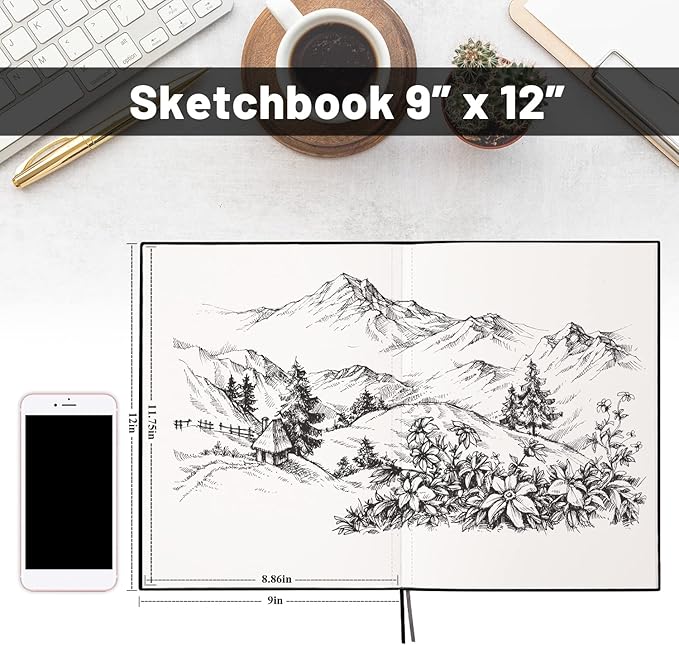 Hardcover Sketch Book 9" x 12", Sketchbook Drawing Pads, 160GSM Thick Smooth Sketching Paper 46 Sheets/92 Pages, Micro-Perforated Pages