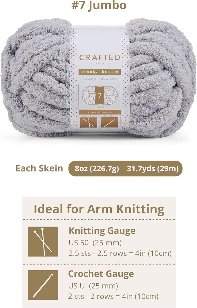 Crafted By Catherine Chunky Chenille Yarn - 2 Pack (8 oz / 227 g, 31.7 Yards Each Skein), Light Grey, Gauge 7 Jumbo