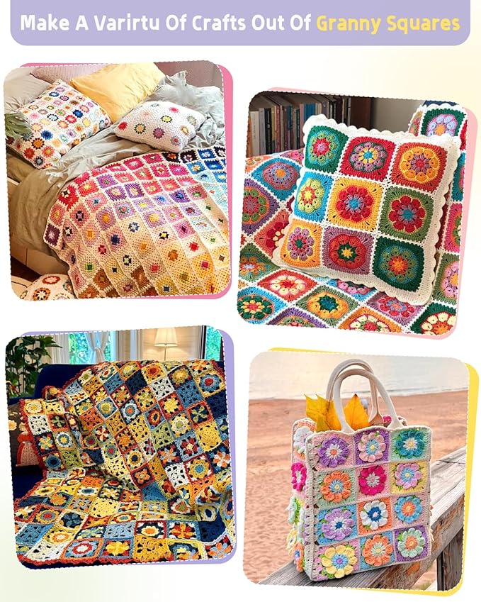 Katech Crochet Kit for Beginners, 50 Granny Squares Crochet Kits for Adults Beginner Learn to Crochets w/Step-by-Step Video Tuturials, Knitting Kit w/1378yds Yarn Granny Square Card Deck- 80% Cotton