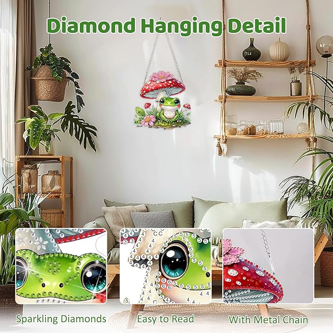 MEIYUDA Frog Diamond Art Hanging Kits for Adult, Mushroom Frog Diamond Painting Hanging Kits Ornaments, Animals DIY Special Shaped Rhinestone Window Pendants kit for Home Garden Wall Decor Gift