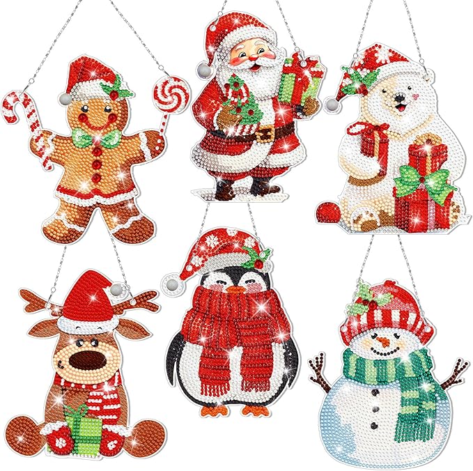 Pickmesh 6 Pcs Christmas Diamond Painting Hanging Sign Set Santa Snowman Gingerbread Man Diamond Art Kits 5D DIY Christmas Ornaments Kits for Winter Wall Door Window Decor