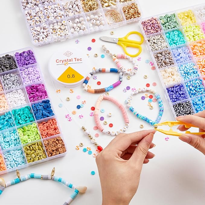 INSCRAFT 11000 Pcs Clay Beads for Bracelet Making Kit, 48 Colors Flat Round Polymer Clay Beads, Friendship Bracelet Kit Heishi Beads for DIY Jewelry Making, Crafts Gift for Girls Teen Ages 6-12