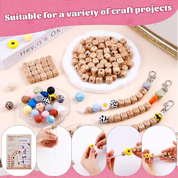 TOHONGADON 213 Pcs Silicone Beads for Keychain Making, 12mm Wood Letter Keychain 15mm Round 14mm Polygonal Silicone, Focal Silicones Beads for DIY Key Ring Women