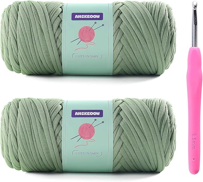 2 Skeins Tshirt Yarn for Crochet,Soft T Shirt Yarn for Crocheting Bag/Basket/Home Decor,Trapillo para Tejer a Crochet Bolsas with 1 Crochet Hook,Each Ribbon Yarn 7oz, 65yds (Avocado Green)