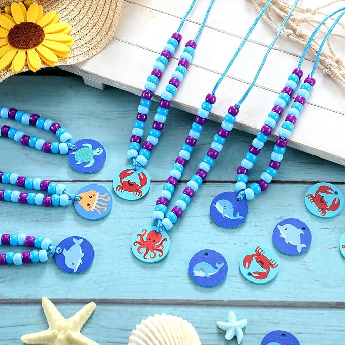 Ecally 24 Sets Under The Sea Bead Necklaces Making Kit Summer Ocean DIY Craft Blue Purple Bead Sunday School Craft Sea Animals Sharks Turtles Pendant Necklaces Themed Party Supplies Beach Party Favor