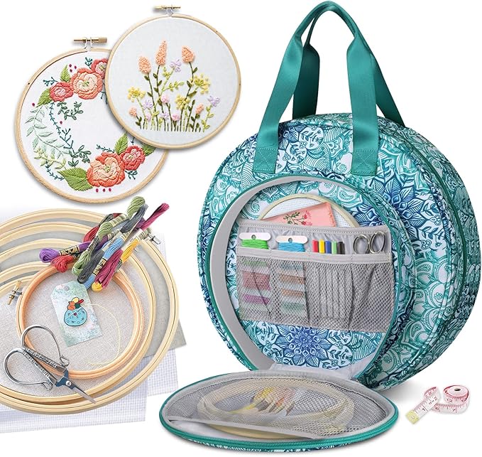 FINPAC Embroidery Project Bag, Embroidery Supplies Storage Carrying Tote Case with Multiple Pockets for Floss, Hoops, Thread, Stitch Tools Kit [Bag Only], Emerald Illusions