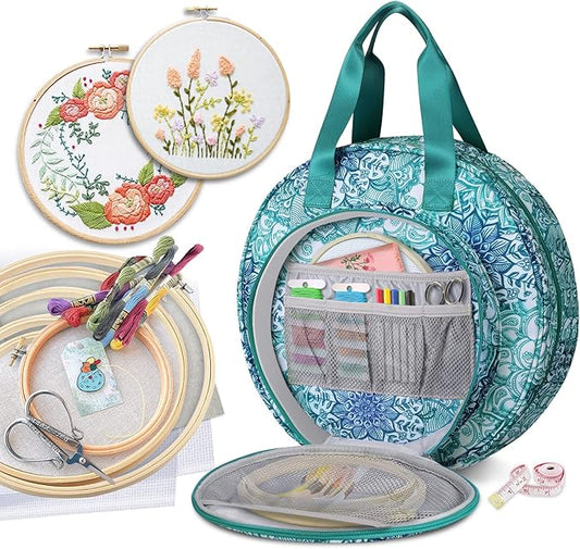 FINPAC Embroidery Project Bag, Embroidery Supplies Storage Carrying Tote Case with Multiple Pockets for Floss, Hoops, Thread, Stitch Tools Kit [Bag Only], Emerald Illusions