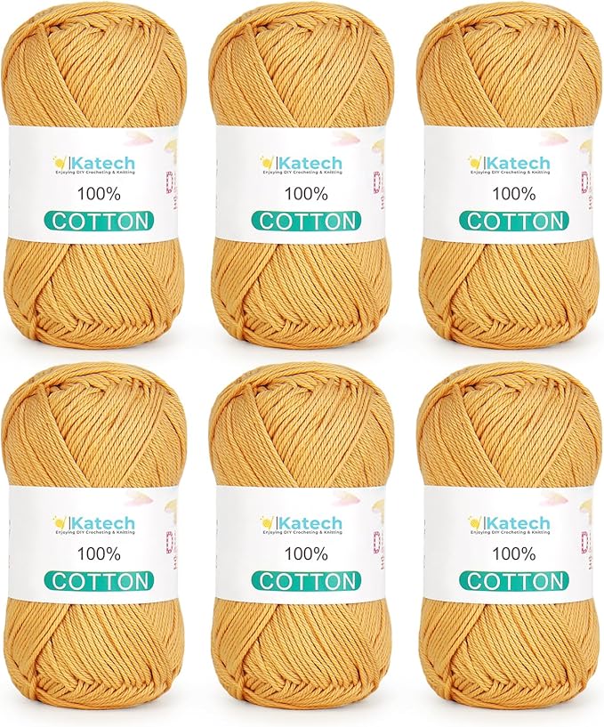 Katech Pure Cotton Yarn for Crocheting & Knitting–Soft Sport Weight CYC #2, 6 Skeins (50g each, 300g total), Ideal Crochet Yarn for Dishcloths, Baby Clothes, Socks, Lightweight Scarves(Mustard Yellow)