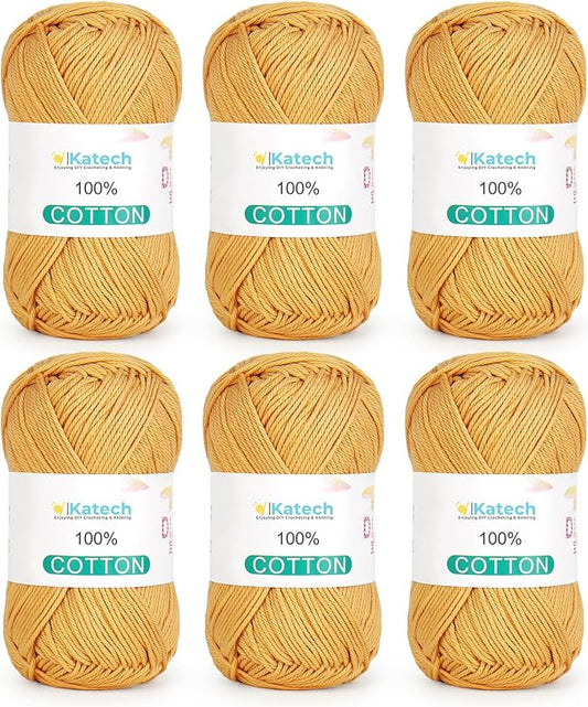 Katech Pure Cotton Yarn for Crocheting & Knitting–Soft Sport Weight CYC #2, 6 Skeins (50g each, 300g total), Ideal Crochet Yarn for Dishcloths, Baby Clothes, Socks, Lightweight Scarves(Mustard Yellow)
